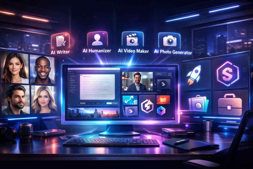 Futuristic AI workspace showing a free AI photo generator creating human images, logos, videos, and written content using advanced AI tools in 2026