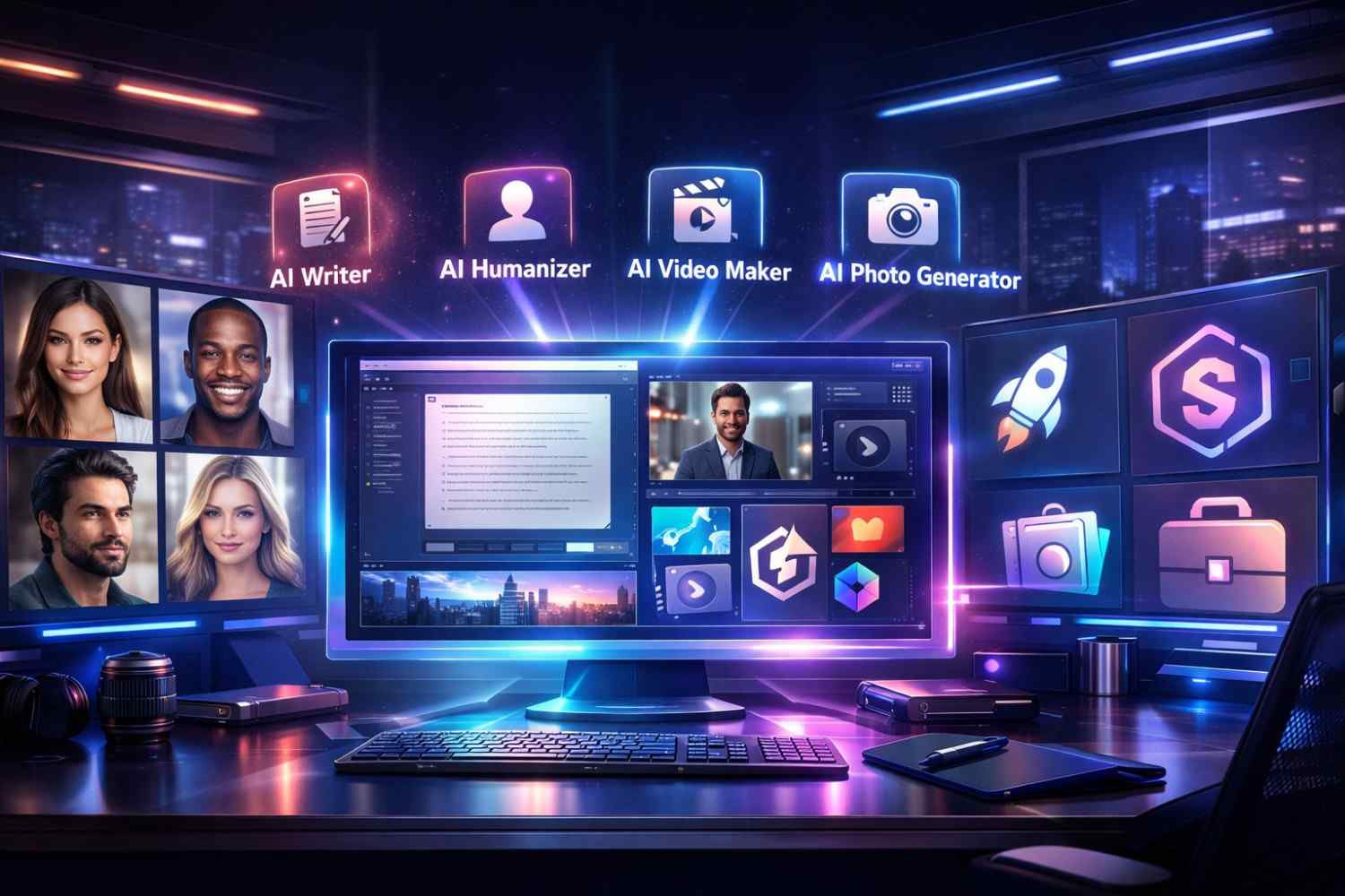 Futuristic AI workspace showing a free AI photo generator creating human images, logos, videos, and written content using advanced AI tools in 2026