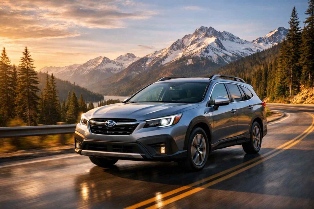 2026 Subaru Outback Hybrid driving on a mountain road showcasing hybrid SUV design, AWD capability, and modern exterior