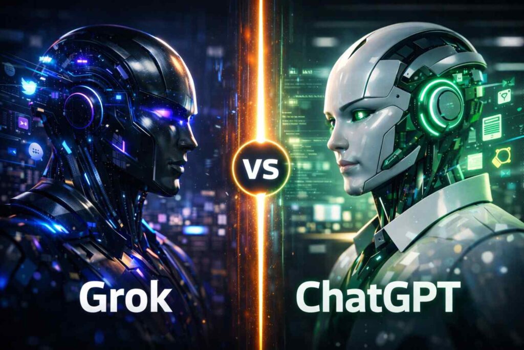 Grok vs ChatGPT AI comparison thumbnail showing two futuristic artificial intelligence entities facing each other with contrasting dark and light designs