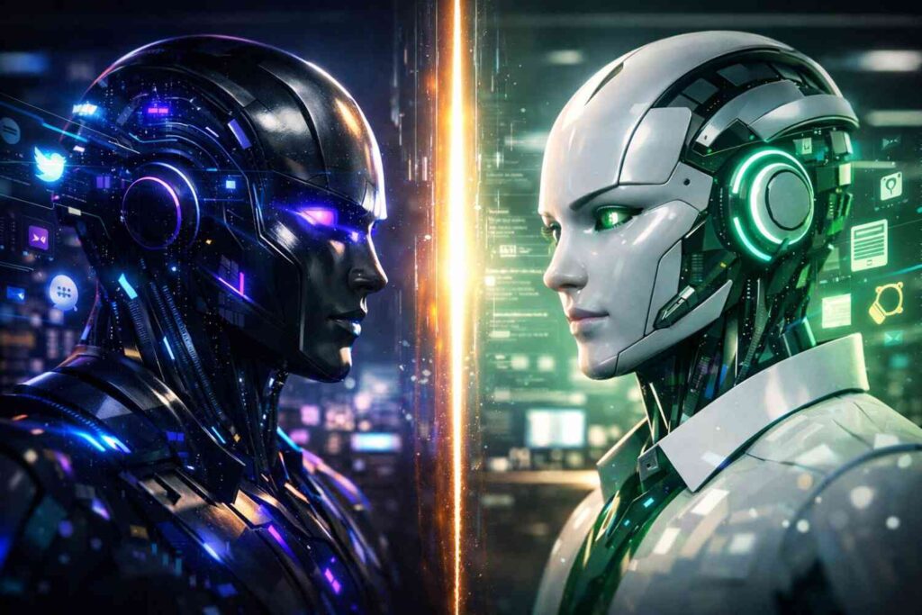 Grok vs ChatGPT AI comparison showing two advanced artificial intelligence assistants facing each other in a futuristic 4K illustration