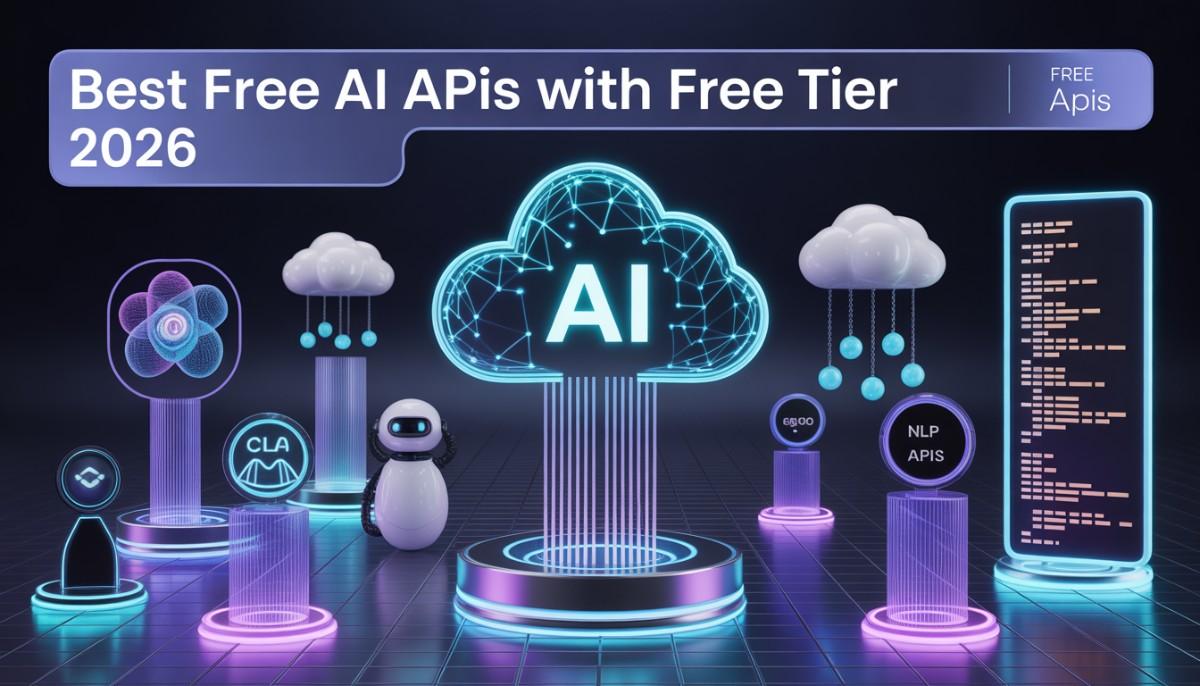 Best free AI APIs with free tier in 2026, futuristic AI concept with glowing icons representing text generation, image generation, chatbots, and voice APIs, modern tech style