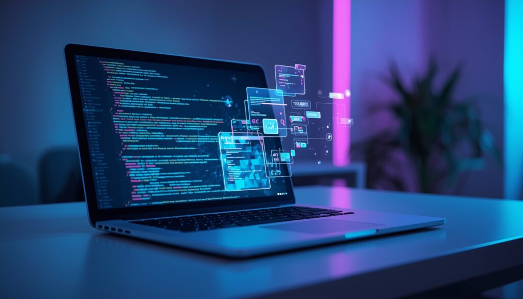 AI-powered vibe coding workspace showing natural language transforming into full-stack application code on a futuristic laptop screen