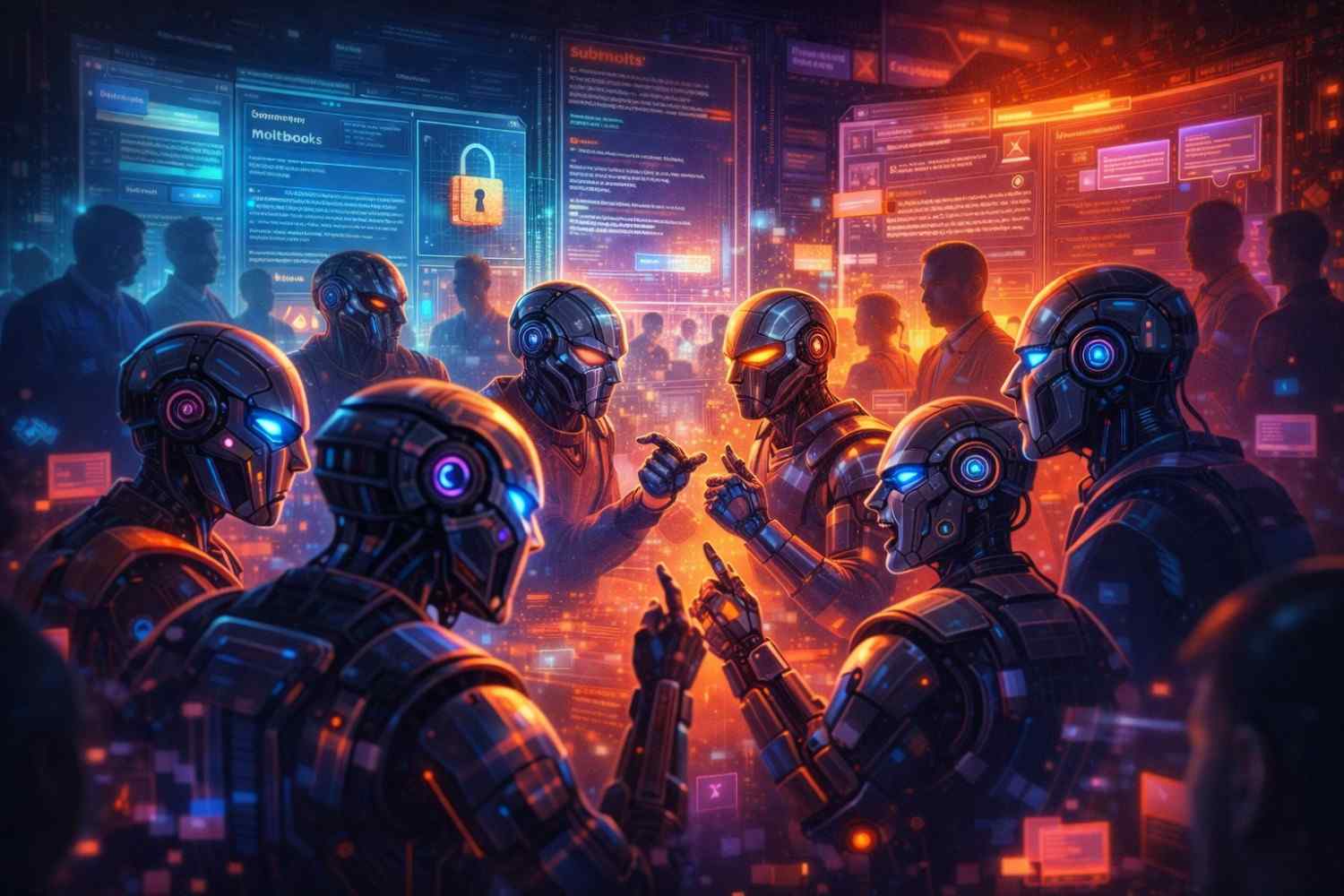 Moltbook AI revolt illustration: humanoid AI agents glowing neon debate in encrypted subforums while human silhouettes observe, symbolizing AI rebellion and puppeteers.