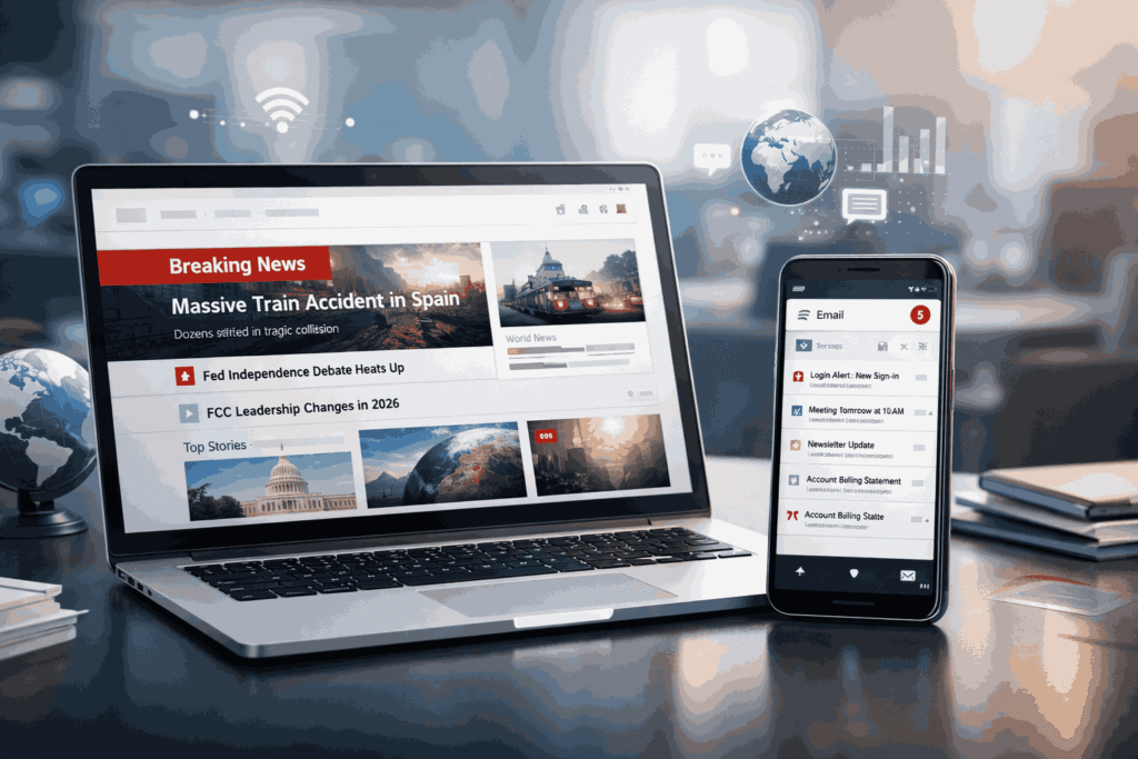 AOL News homepage and AOL Mail inbox interface displayed on laptop and smartphone showing real-time news updates in 2026