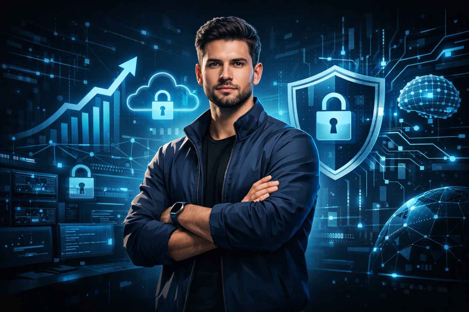 Cybersecurity engineer working with AI-powered security systems, cloud protection, and network defense in a futuristic digital environment